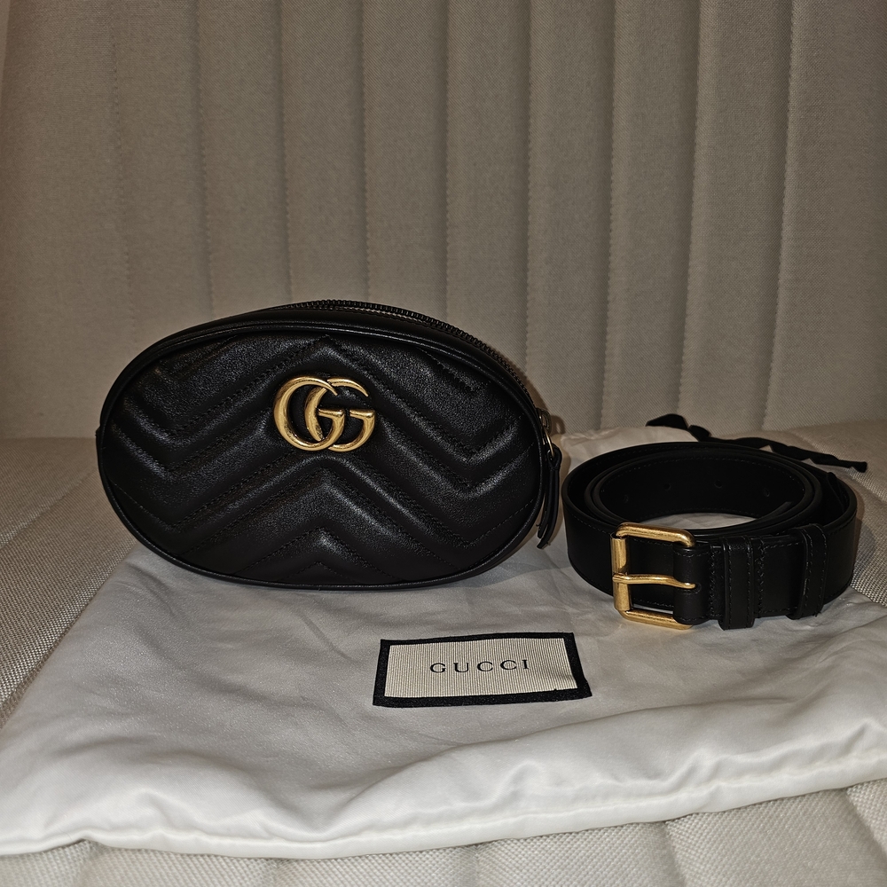 Gucci Calfskin Matelasse GG Marmont Belt Bag 85 34 Black